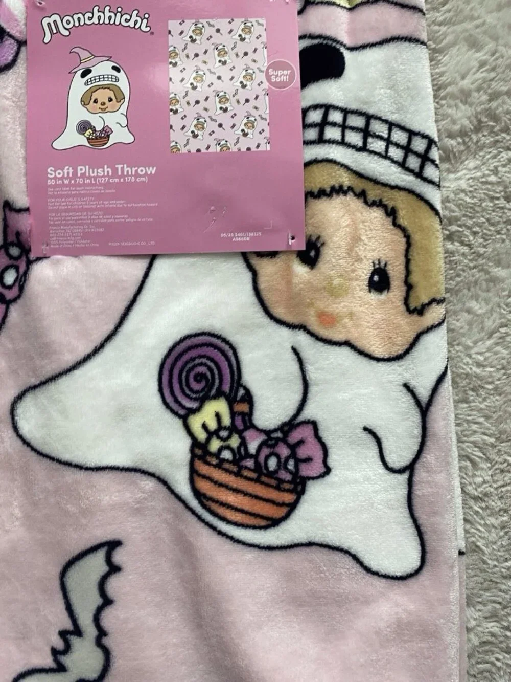 Halloween Candy Ghost Monchhichi Pink Soft Plush Throw Blanket 50” X 70” NEW